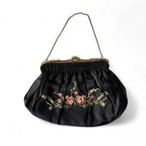 Antique early 1900s French Tambour Embroidered Satin Evening Purse
